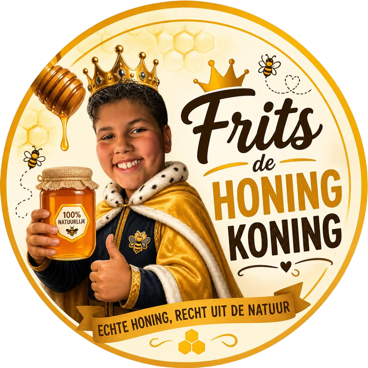 Frits de Honingkoning houdt trots een potje honing vast